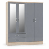 NEVADA 4 DOOR 2 DRAWER MIRRORED WARDROBE - GREY GLOSS/LIGHT OAK EFFECT VENEER