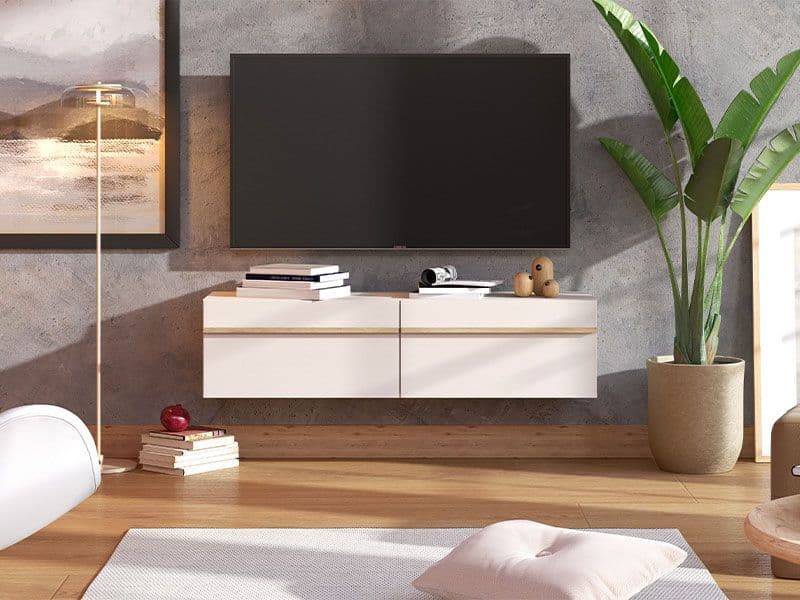 Seura Cashmere And Oak Effect Wall Mounted Floating Wide Large TV Unit - 11013551